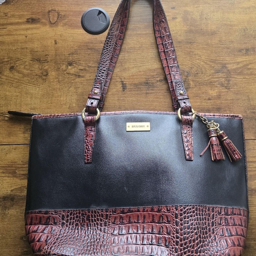 Brahmin Beautiful Med Size Mini Asher Black/Brown Leather Croc-Embossed Satchel